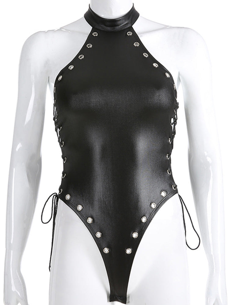 Sleek Patent Leather Bodysuit with Side Ties-18