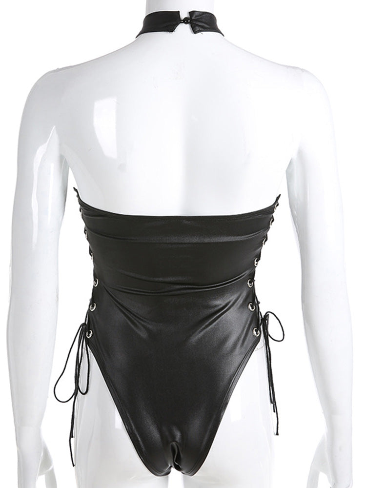 Sleek Patent Leather Bodysuit with Side Ties-21