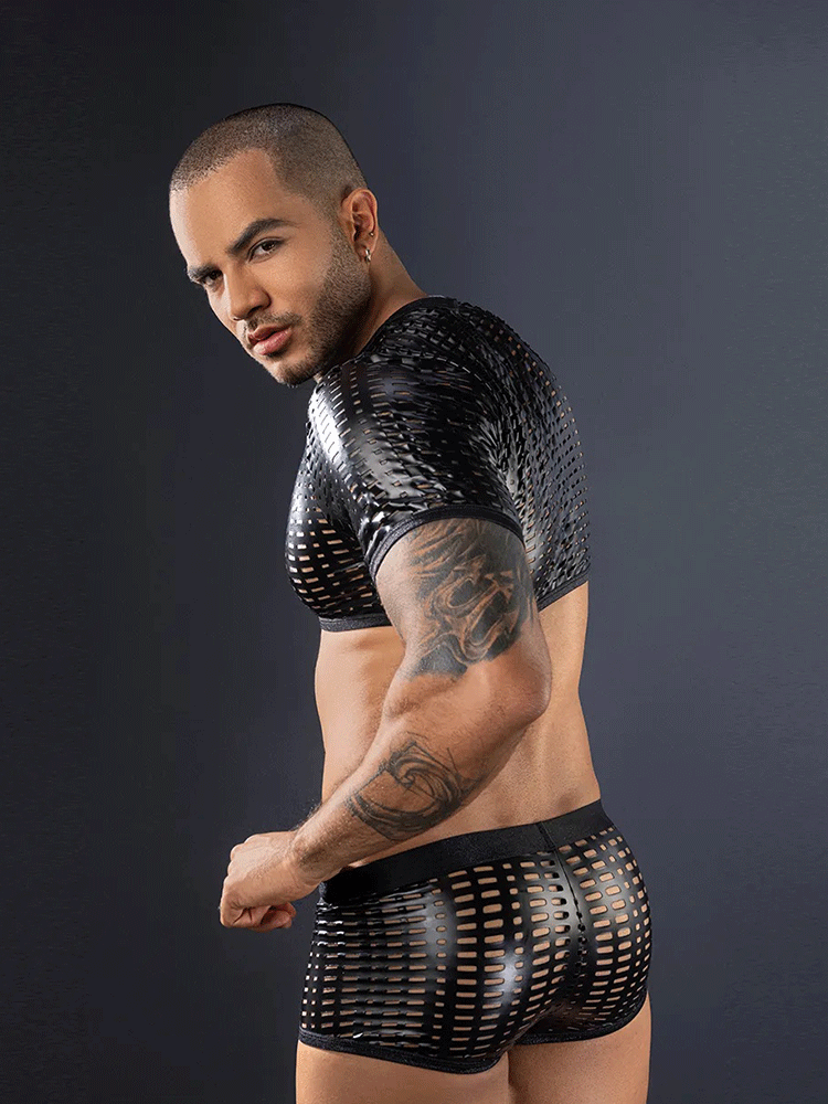 Men's Crochet Fishnet Top & Shorts Set-02