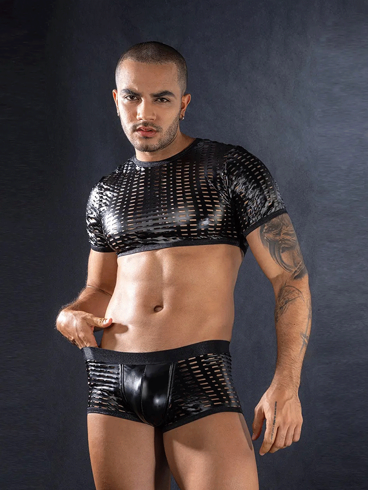 Men's Crochet Fishnet Top & Shorts Set-04