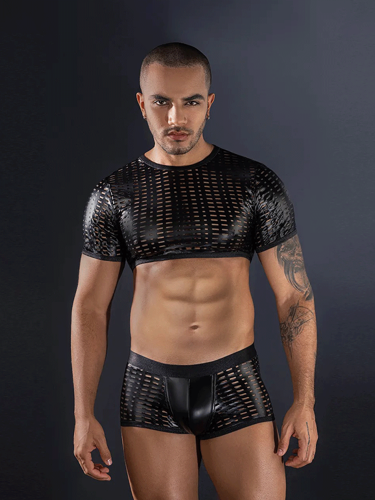 Men's Crochet Fishnet Top & Shorts Set-06