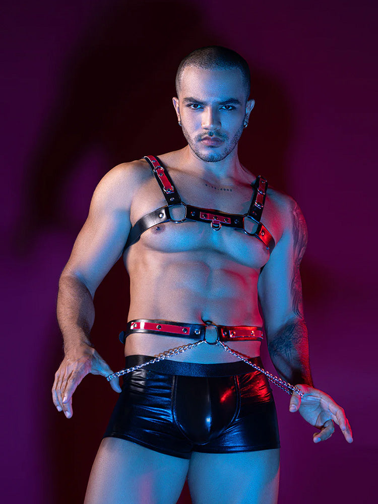 Men's Black Harness & Leather Shorts Set-front