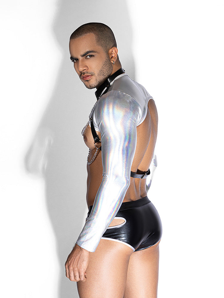 Men's Holographic Crop Top & Leather Pants Set-03