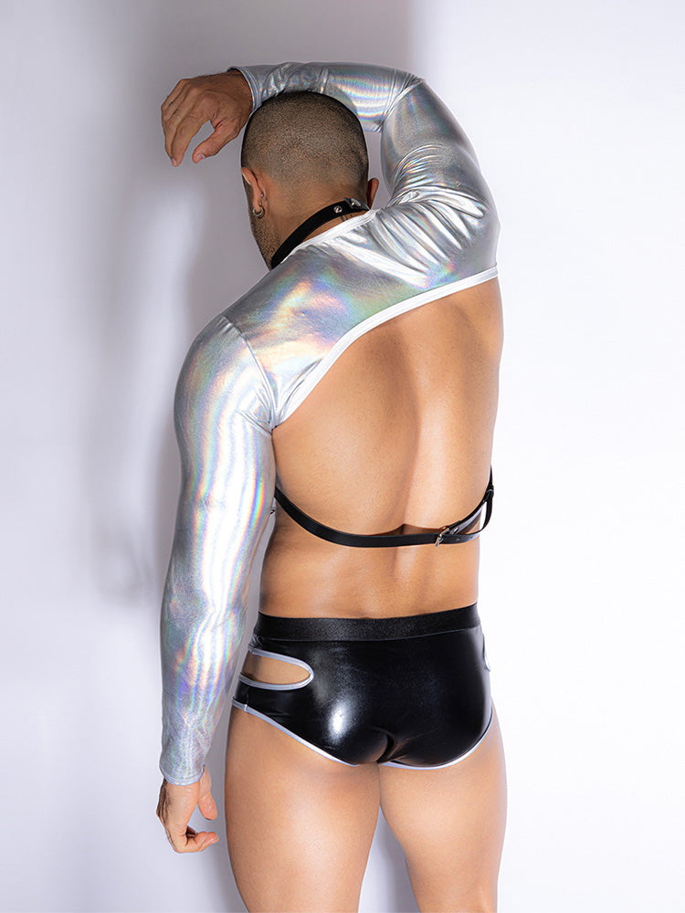 Men's Holographic Crop Top & Leather Pants Set-04