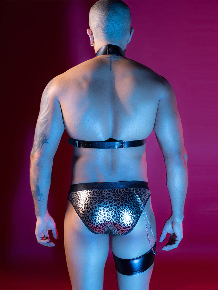 Men's Leather Harness & Leopard Chain Pants Set-06