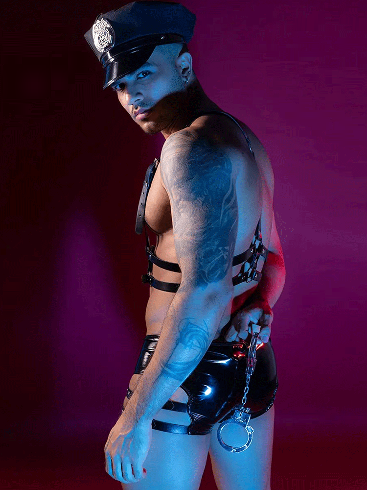 Men's Police Leather Harness & Shorts Set-06