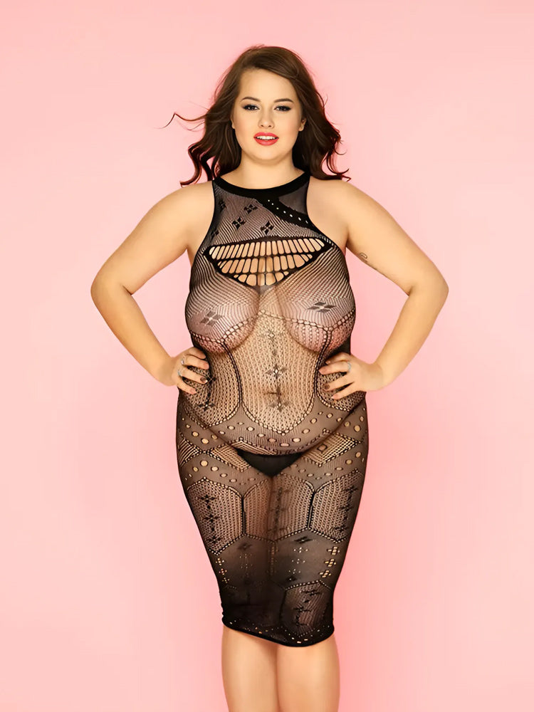 Plus Size Halter Fishnet Bodystocking Dress-smile